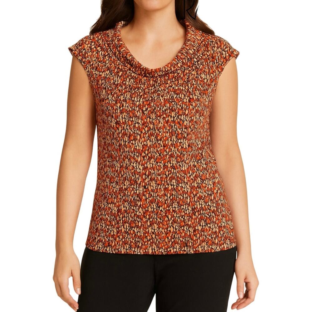 Kasper Cowl Neck Blouse Women’s LP Orange Black Geometric Print Stretch Career
